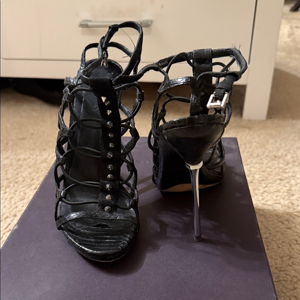 Brian Atwood Black Strappy Heels with Silver Accents
